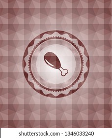 chicken leg icon inside red seamless emblem with geometric pattern background.