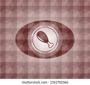 chicken leg icon inside red emblem or badge with abstract geometric pattern background. Seamless.