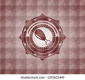 chicken leg icon inside red seamless emblem or badge with geometric pattern background.