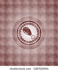 chicken leg icon inside red emblem or badge with abstract geometric pattern background. Seamless.