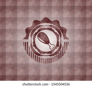 chicken leg icon inside red seamless emblem with geometric background.