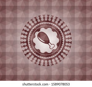chicken leg icon inside red seamless emblem with geometric pattern background.