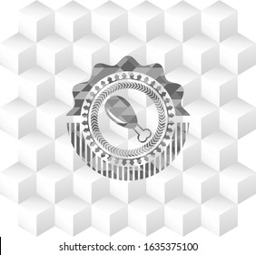 chicken leg icon inside retro style grey emblem with geometric cube white background