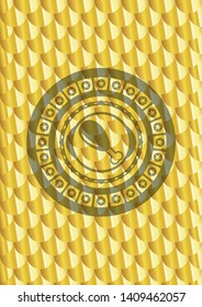 chicken leg icon inside shiny golden emblem. Scales pattern. Vector Illustration. Detailed.