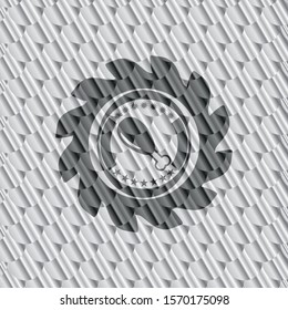 chicken leg icon inside silver badge. Scales pattern. Vector Illustration. Detailed.