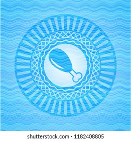 chicken leg icon inside sky blue water wave emblem background.