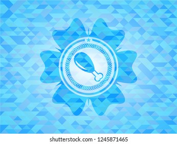 chicken leg icon inside sky blue emblem with mosaic ecological style background