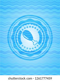chicken leg icon inside sky blue water wave emblem background.