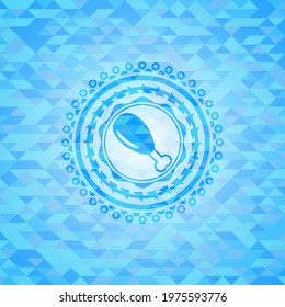chicken leg icon inside sky blue emblem with mosaic background. 