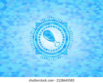 chicken leg icon inside sky blue emblem with mosaic background. 