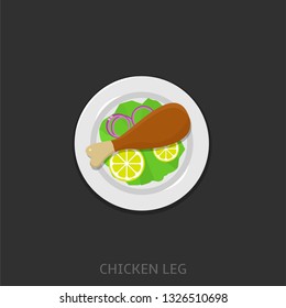 Chicken leg. Chicken leg with lemons, green salad and onion on the white plate Vector illustration