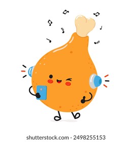 Chicken leg listens to music on headphones with a smartphone. Vector hand drawn cartoon kawaii character illustration icon. Isolated on white background. Chicken leg character concept