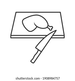 The chicken leg is on the chopping board kitchen knife cooking food empty linear contour icon vector illustration.