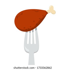 Chicken leg on the fork vector isolated. Element for cafe and restaurant menu. Healthy and delicious meat food.
