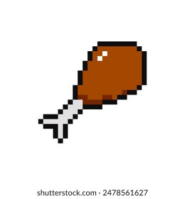 Chicken leg, pixel item for game interface. Chicken leg magic game element. Chicken leg, 8 bit resource.