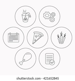 Chicken leg, pizza and soft tea bag icons. Carrot linear sign. Check file, calendar and cogwheel icons. Vector