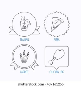 Chicken leg, pizza and soft tea bag icons. Carrot linear sign. Award medal, star label and speech bubble designs. Vector