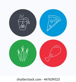 Chicken leg, pizza and soft tea bag icons. Carrot linear sign. Linear icons on colored buttons. Flat web symbols. Vector