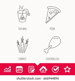 Chicken leg, pizza and soft tea bag icons. Carrot linear sign. Edit document, Calendar and Graph chart signs. Star, Check and House web icons. Vector