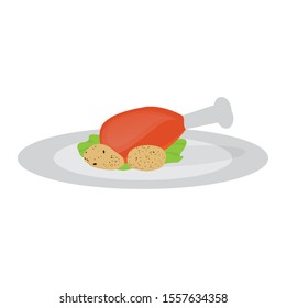 Chicken leg an potatoes in a dish - Vector illustration