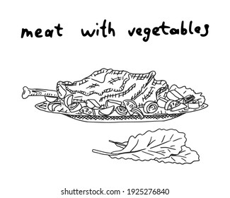chicken leg with potatoes and vegetables. doodle sketch illustration