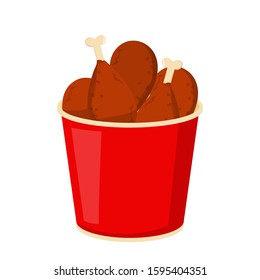 Chicken leg in a red bucket vector isolated. Fast food, fried chicken with crisp. Tasty meat, lunch and dinner idea.