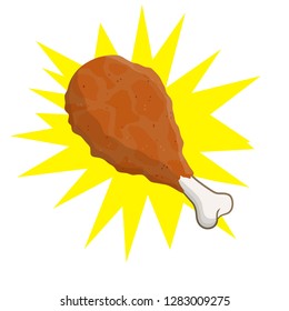 Chicken leg. Roast meat with bone. grilled fatty foods. Element of the kitchen. Delicious fried meal. Cartoon flat illustration