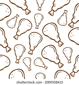 Planilla de diseño de patrón sin foco para pierna de pollo. Gráfico vectorial de ilustración. pierna de pollo doodle sobre fondo blanco. Ideal para el diseño de menús cafe, bistró, restaurante, etiqueta y embalaje.