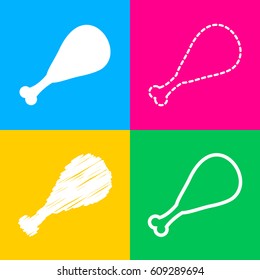 Chicken leg sign. Four styles of icon on four color squares.