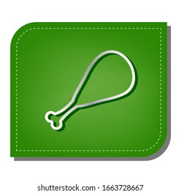 Chicken leg sign. Silver gradient line icon with dark green shadow at ecological patched green leaf. Illustration.