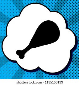 Chicken leg sign. Vector. Black icon in bubble on blue pop-art background with rays.