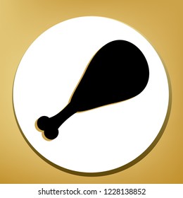 Chicken leg sign. Vector. Black icon with light brown shadow in white circle with shaped ring at golden background.