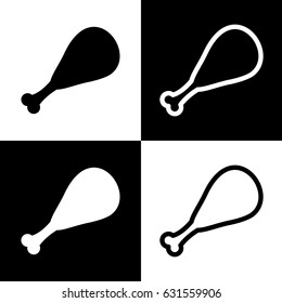 Chicken leg sign. Vector. Black and white icons and line icon on chess board.