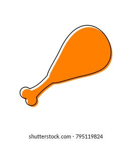 Chicken leg sign. Vector. Black line icon with shifted flat orange filled icon on white background. Isolated.
