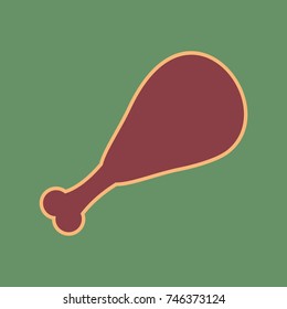 Chicken leg sign. Vector. Cordovan icon and mellow apricot halo with light khaki filled space at russian green background.