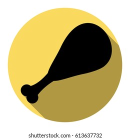 Chicken leg sign. Vector. Flat black icon with flat shadow on royal yellow circle with white background. Isolated.