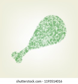 Chicken leg sign. Vector. Green hexagon rastered icon and noised opacity and size at light green background with central light.