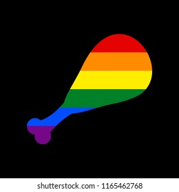 Chicken leg sign. Vector. Icon with colors of LGBT flag at black background.