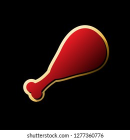 Chicken leg sign. Vector. Red icon with small black and limitless shadows at golden sticker on black background.
