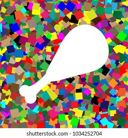 Chicken leg sign. Vector. White icon on colorful background with seamless pattern from squares.