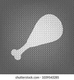 Chicken leg sign. Vector. White knitted icon on gray knitted background. Isolated.