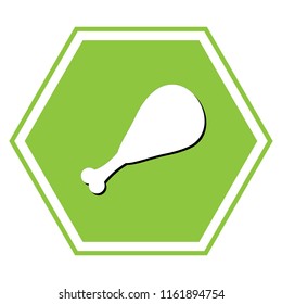 Chicken leg sign. Vector. White icon with black shadow at yellow green honeycomb on white background.