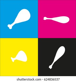 Chicken leg sign. Vector. White icon with isometric projections on cyan, magenta, yellow and black backgrounds.