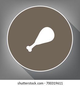 Chicken leg sign. Vector. White icon on brown circle with white contour and long shadow at gray background. Like top view on postament.