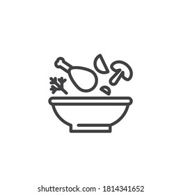 Chicken leg soup bowl with herbs and vegetable line icon. linear style sign for mobile concept and web design. Soup bowl outline vector icon. Symbol, logo illustration. Vector graphics