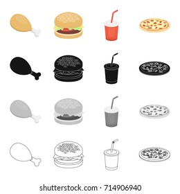 Chicken legs, fast food burger, Cola in a glass, pizza. Fast food set collection icons in cartoon black monochrome outline style vector symbol stock illustration web.