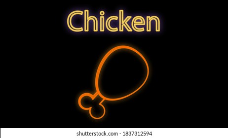 chicken legs on a black background, vector illustration. neon sign. neon orange. glowing box with the inscription chicken. breaded chicken legs, fast food food, quick snack.
