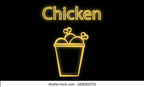 patas de pollo sobre fondo negro, ilustración vectorial. señal de neón. color neón anaranjado. caja brillante con el pollo de la inscripción. patas de pollo con pan, comida rápida, tentempiés rápidos.