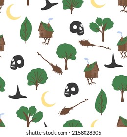 Chicken legs seamless pattern. Forest, broom, web, witch, skull, raven witchcraft attributes Traditional Russian fairy tale
