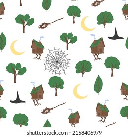 Chicken legs seamless pattern. Forest, broom, web, witch, skull, raven witchcraft attributes Traditional Russian fairy tale